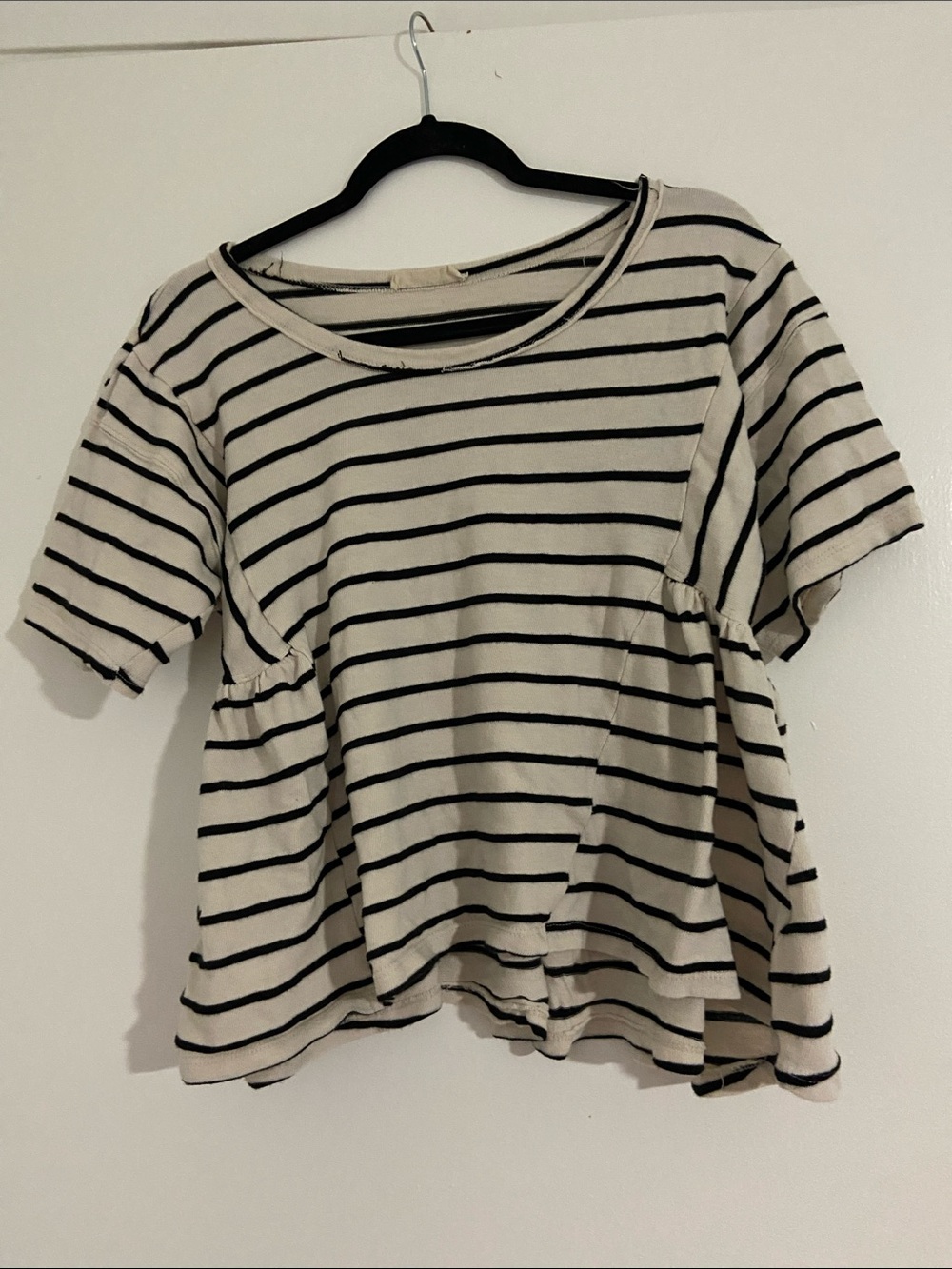 Cream and Black Striped Short Sleeve Peplum Tee